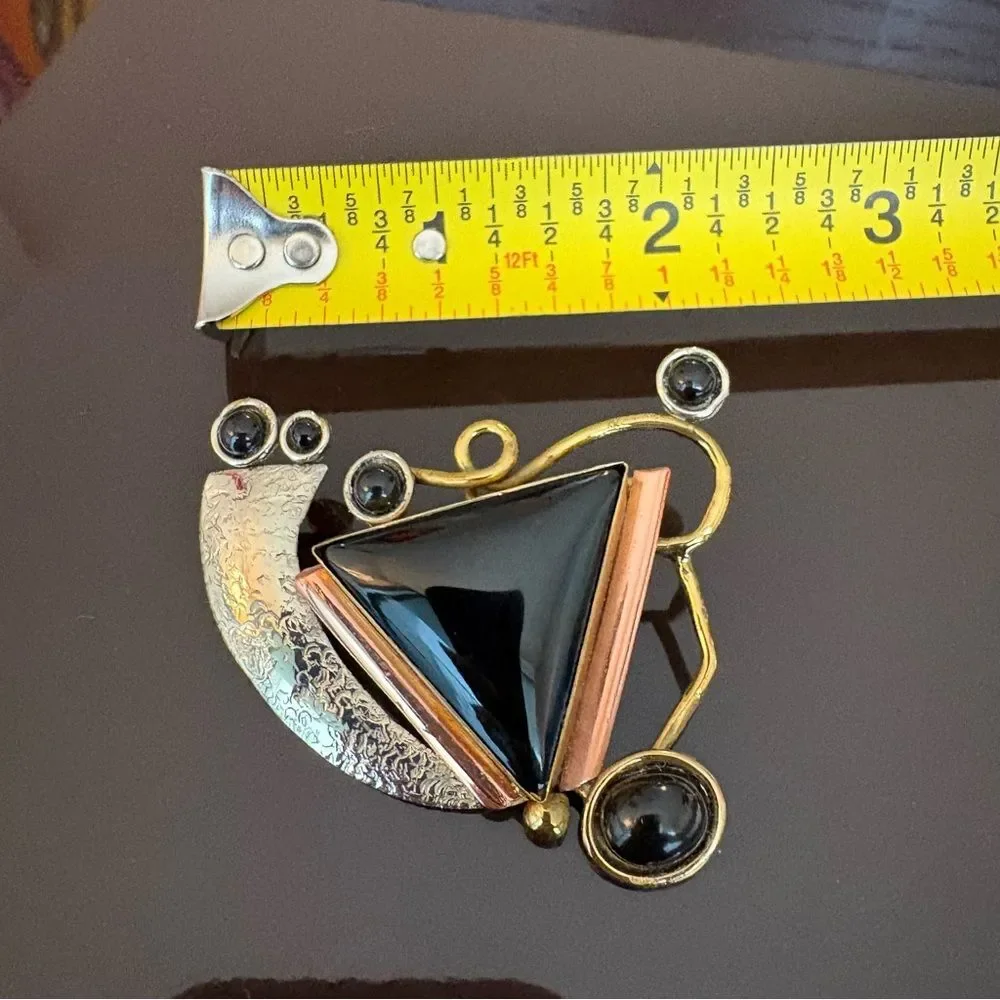 Artisan Onyx Stone & Mixed Metal Geometric Brooch - Picture 5 of 7